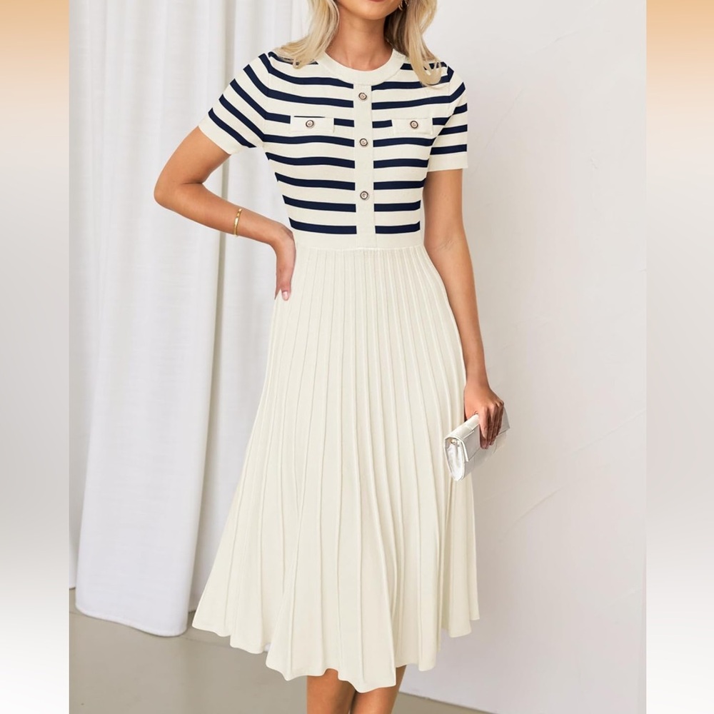 Navy Stripe & Cream Pleated Midi Dress